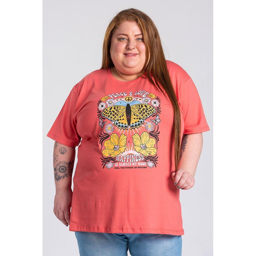 T-shirt Feminina Plus Size Malha Algodão Estampada "PEACE & LOVE" - Serena
