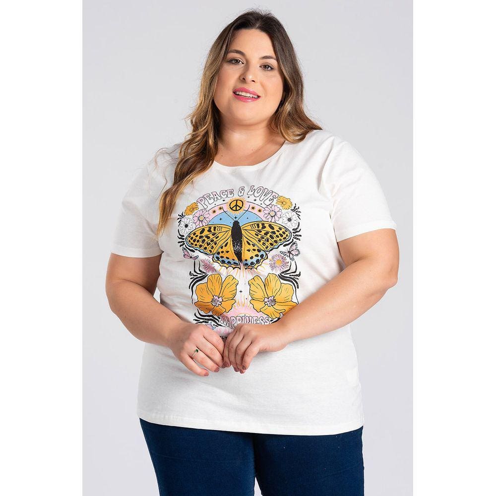 T-shirt Feminina Plus Size Malha Algodão Estampada ”PEACE & LOVE” - Serena