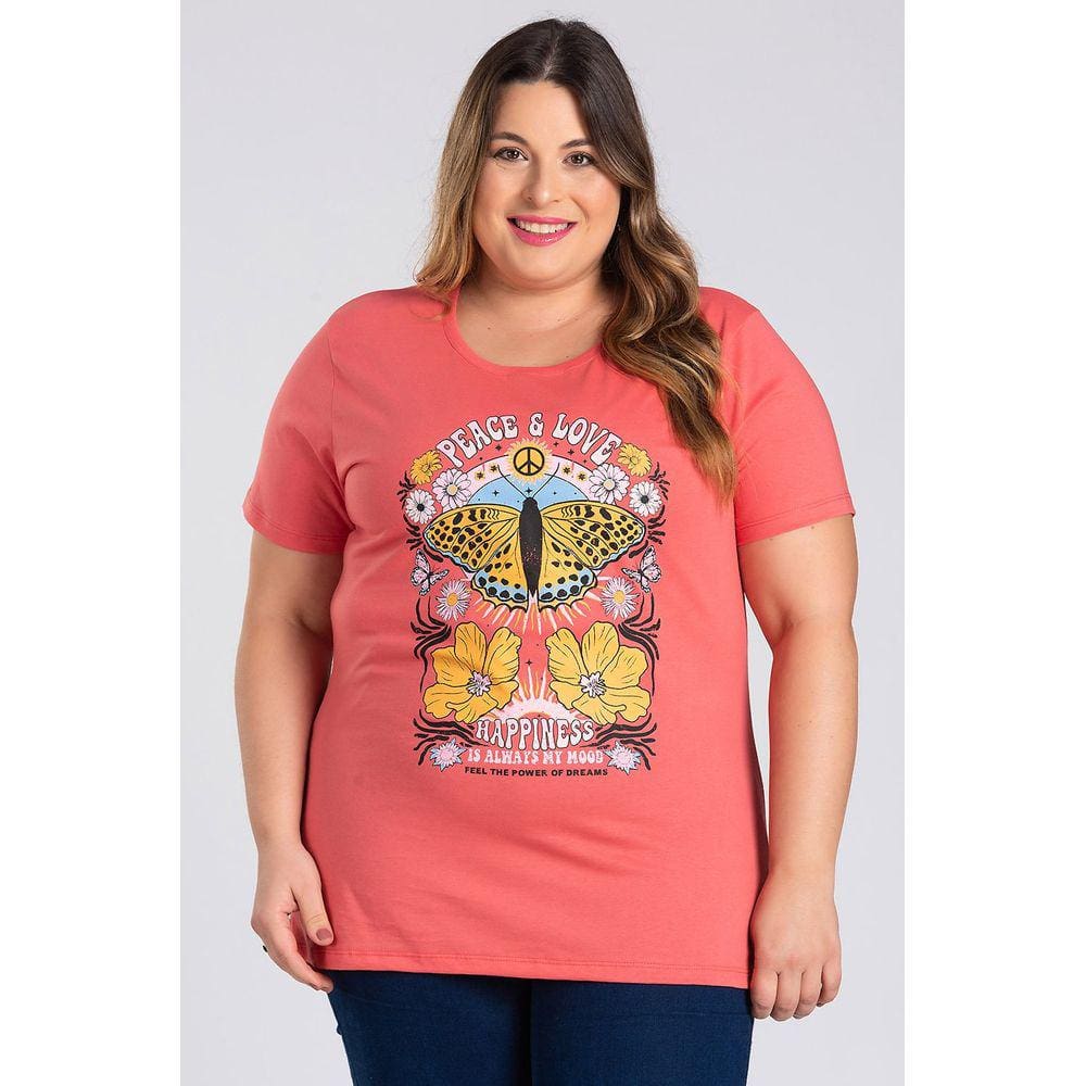 T-shirt Feminina Plus Size Malha Algodão Estampada "PEACE & LOVE" - Serena