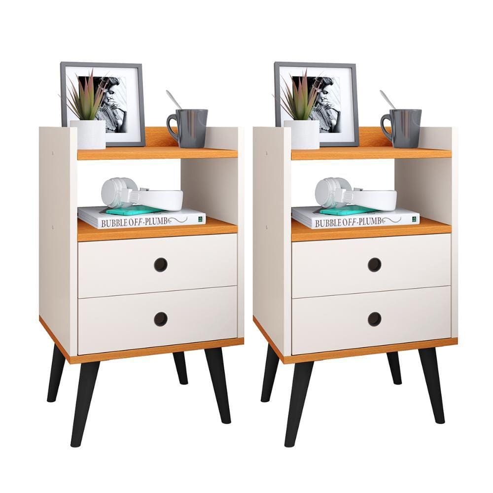 Kit 2 Mesas de Cabeceira Mesinhas Decorativas Quarto Com Nicho e 2 Gavetas Retrô Dream Plus - Off White/Cinamomo - Lojas RPM