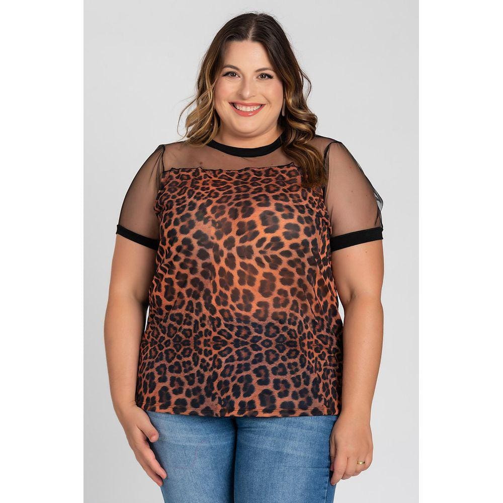 Blusa Feminina Plus Size Detalhe Tule Sublimado Animal Print Visco Costas - Serena