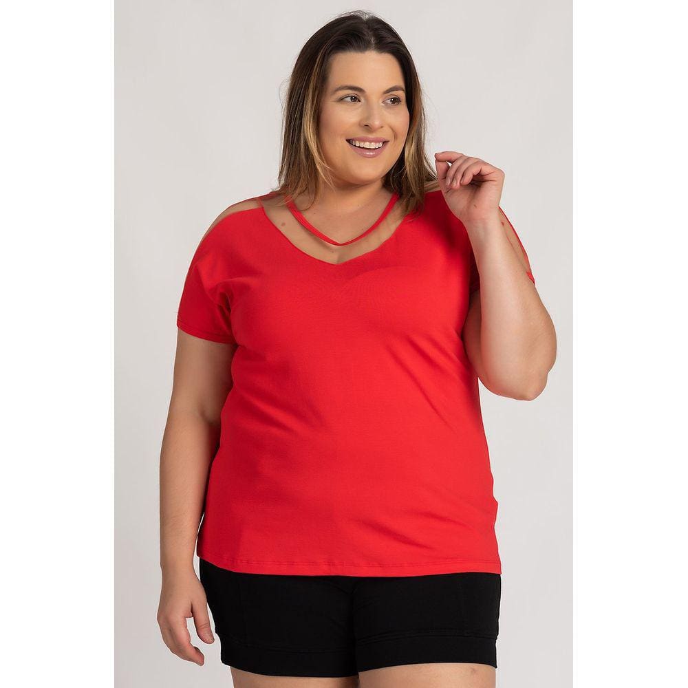 Blusa Feminina Plus Size Visco Tule Decote Mangas - Serena