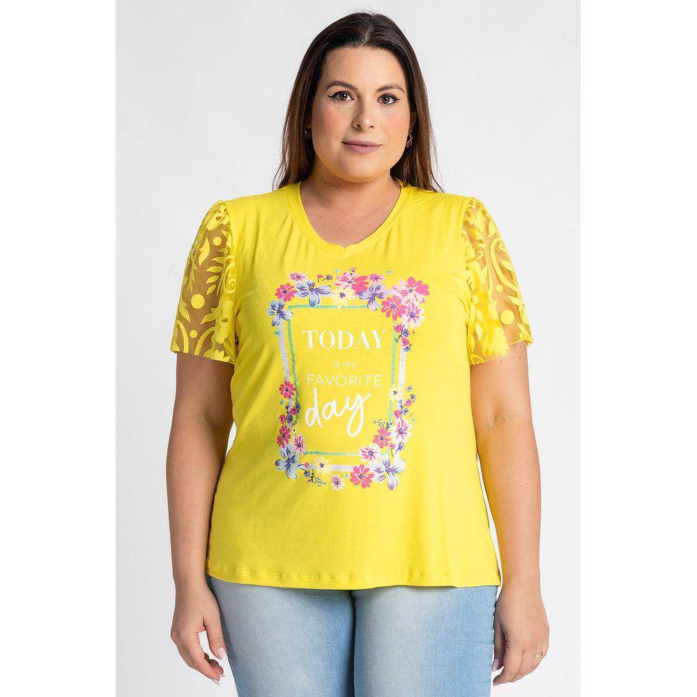 Blusa Feminina Plus Size Estampada Mangas Princesa Detalhe Manga Devorê - Serena