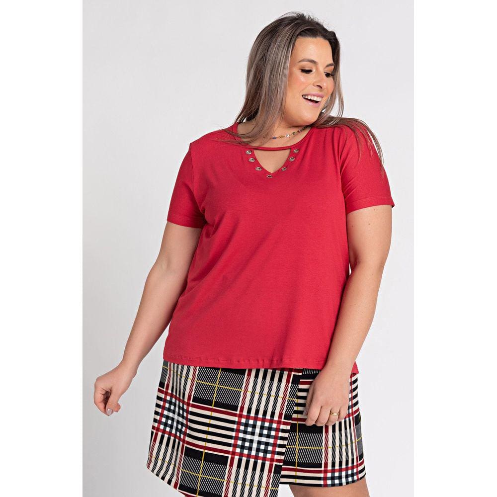 Blusa Feminina Plus Size Visco Ilhós Abaixo Gola - Serena