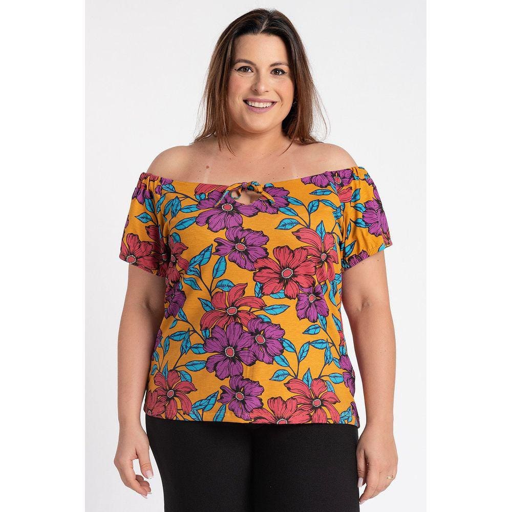 Blusa Feminina Plus Size Visco Ciganinha Estampada Detalhe Amarração - Serena