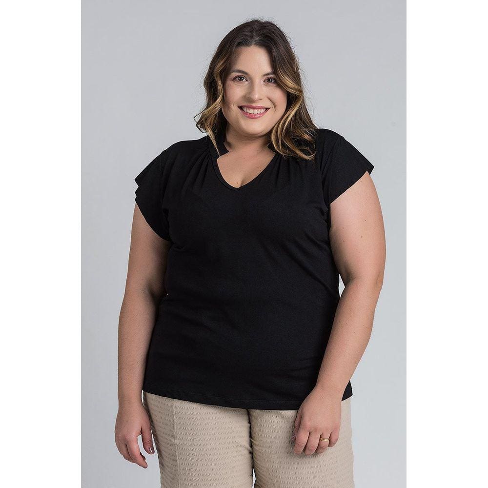 Blusa Feminina Plus Size Visco Decote "V" Gola Detalhe Franzido - Serena