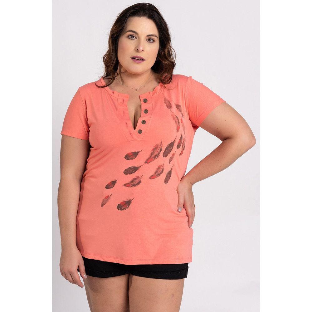 Blusa Feminina Plus Size Visco Estampada Penas Gola Botão - Serena