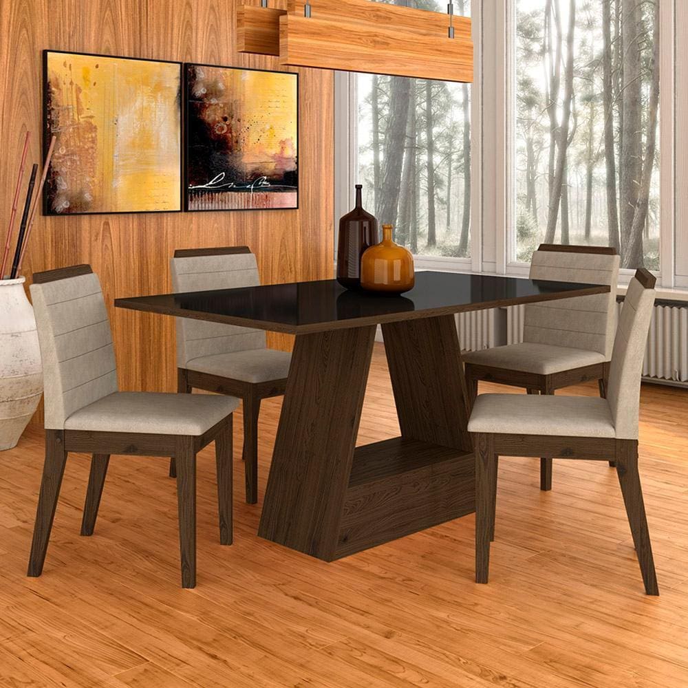 Mesa Com 4 Cadeiras Nápoles 1,36 Imbuia/preto/bege - Móveis Arapongas