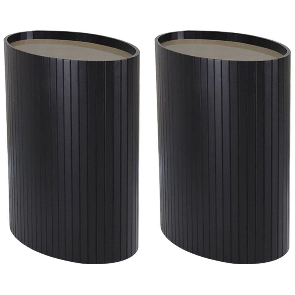 Kit 2 Mesa Apoio Lateral Oval Tampo Vidro Glow Madeira Ebano Preto Nacc