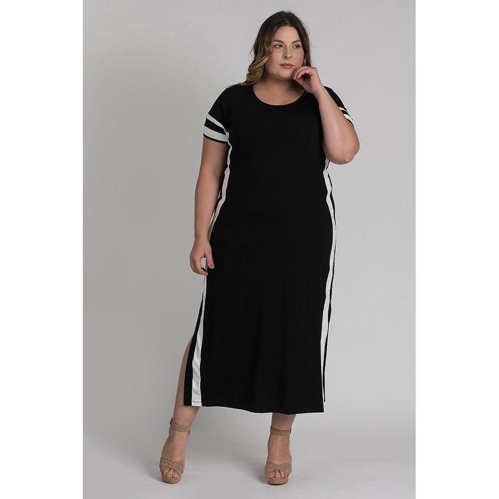 Vestido Feminino Plus Size  Visco Faixas Cor Contrastante - Serena