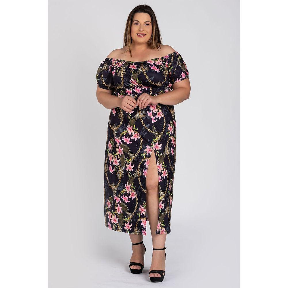 Vestido Feminino Plus Size Longo Ciganinha Malha Confort Estampado Fenda Frontal - Serena