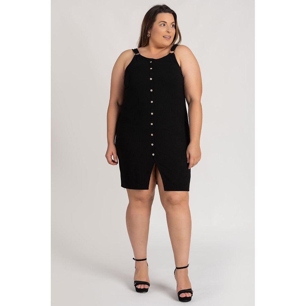 Vestido Feminino Plus Size Canelado Aplique Botões Fivela Alças - Serena