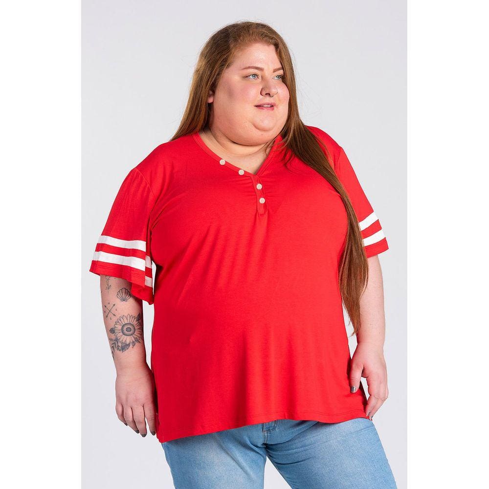 Blusa Feminina Plus Size Visco Decote "Y" Detalhe Mangas e Botão Decote - Serena