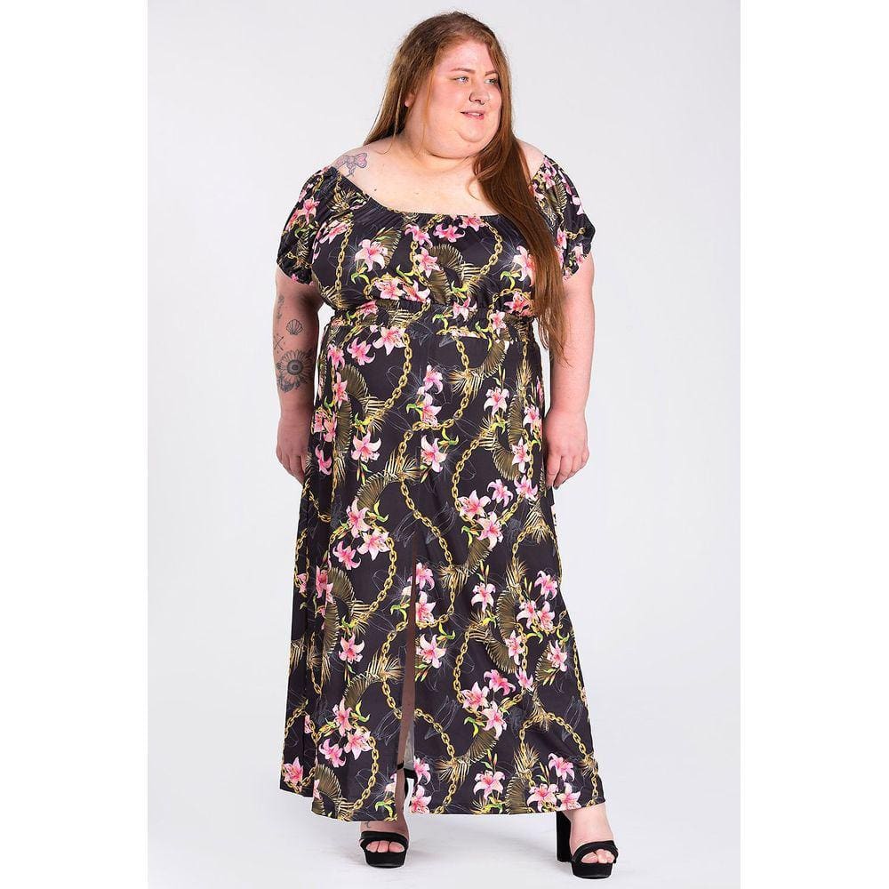 Vestido Feminino Plus Size Longo Ciganinha Malha Confort Estampado Fenda Frontal - Serena