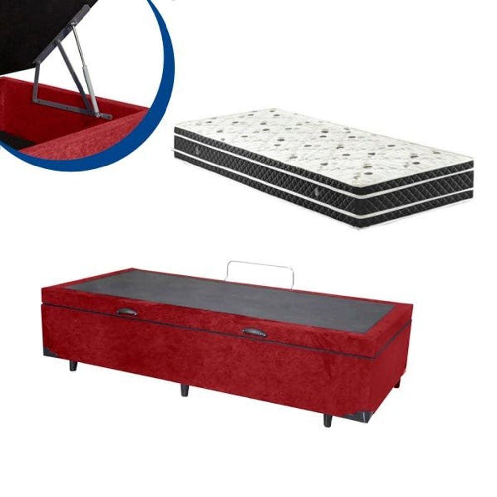 Cama Box Baú Solteiro Colchão Espuma D33 Bordado + Box Suede Vinho 53x78x188