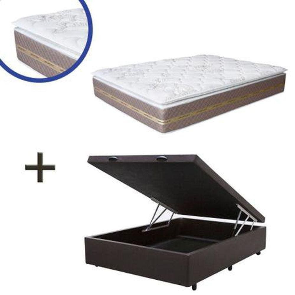 Cama Box Baú Casal Colchão Espuma D45 Bordado + Box Suede Marrom 61x138x188