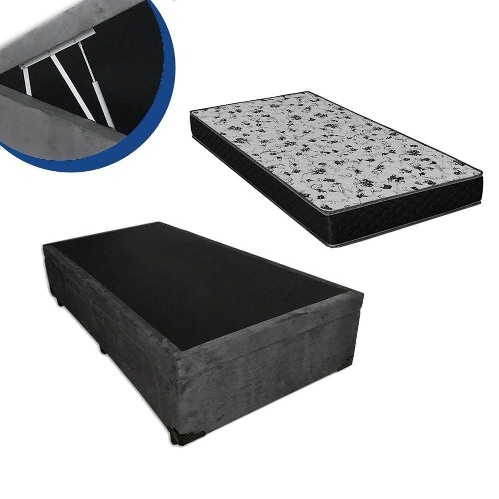 Cama Box Baú Solteiro Colchão Espuma D33 Bordado+ Box Suede Cinza 53x88x188cm