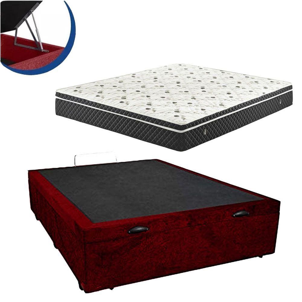 Cama Box Baú Casal Colchão Espuma D45 Bordado + Box Suede Vinho 61x138x188