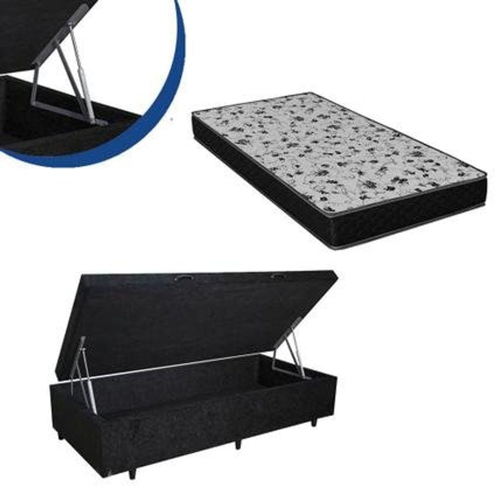 Cama Box Baú Solteiro Colchão Espuma D33 Bordado + Box Suede Preto 53x88x188