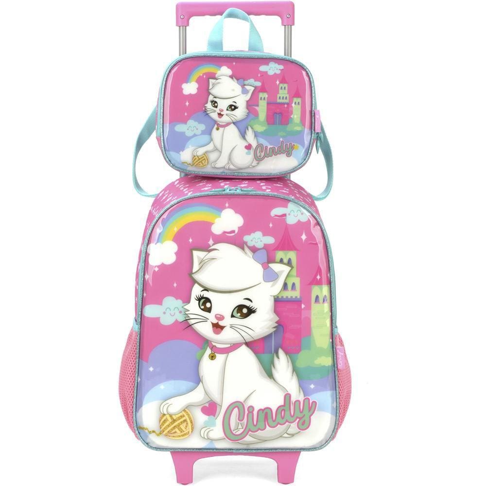 Kit Mochila de Rodinhas Lancheira Luxcel Cindy Rosa