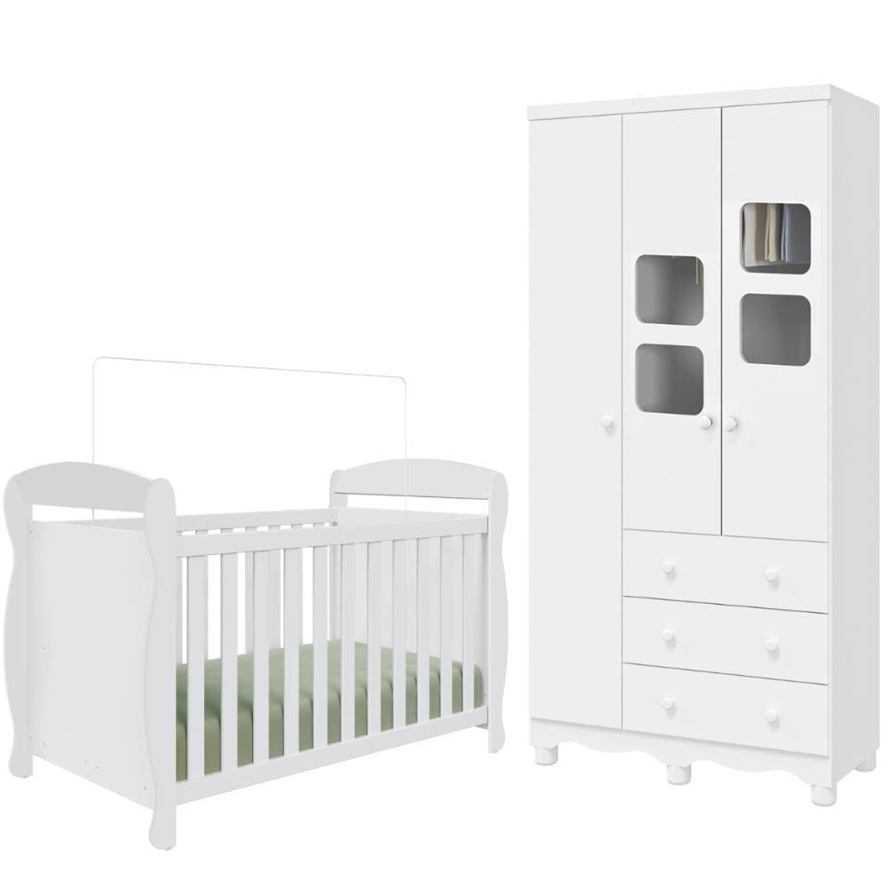 Quarto de Bebê Completo Berço Americano Marquesa 3 Em 1 Guarda Roupa Uli 3 Portas 3 Gavetas Branco Carvalho 100% MDF Móveis Peroba