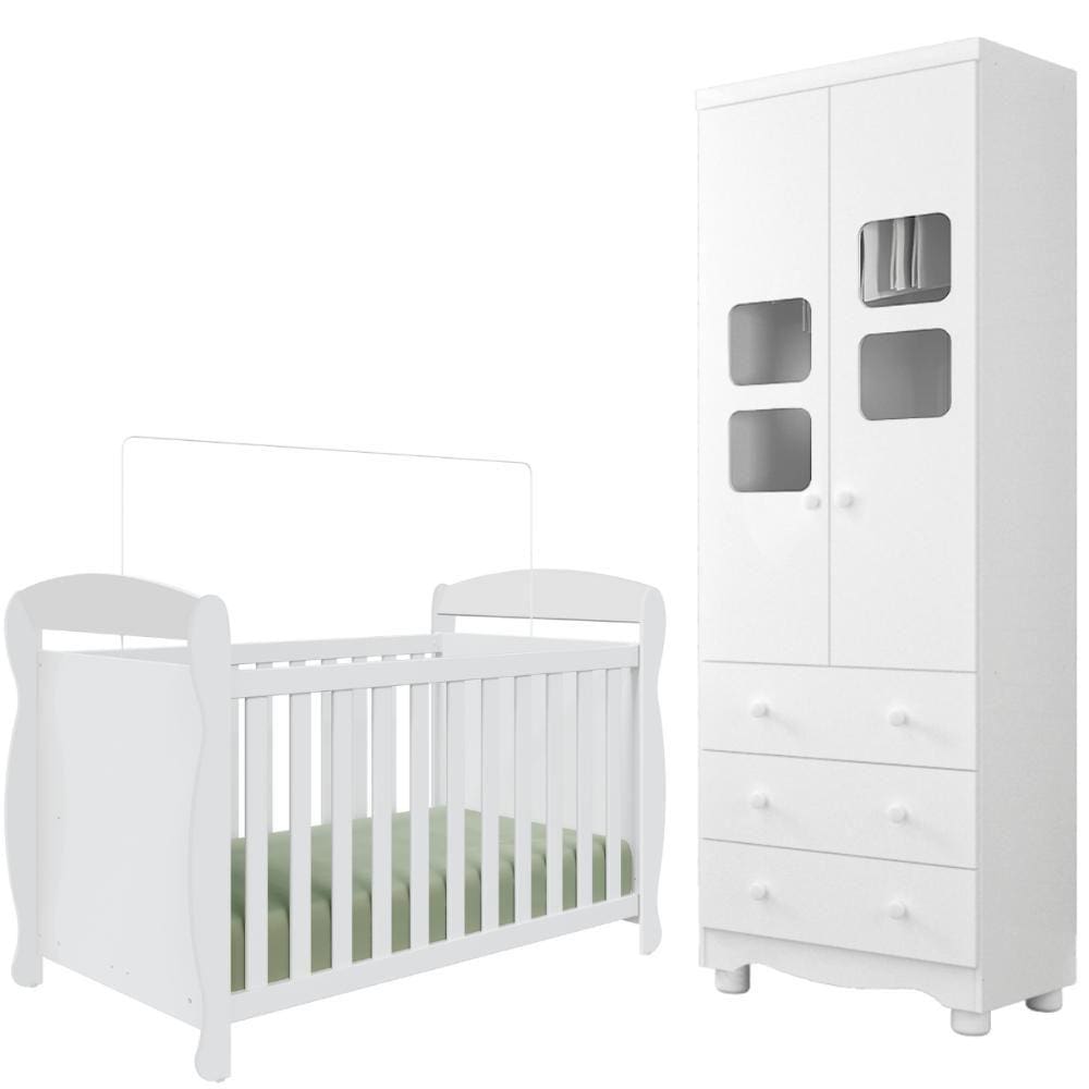 Quarto de Bebê Completo Berço Americano Marquesa 3 Em 1 Guarda Roupa Uli 2 Portas 3 Gavetas Branco Carvalho 100% MDF Móveis Peroba