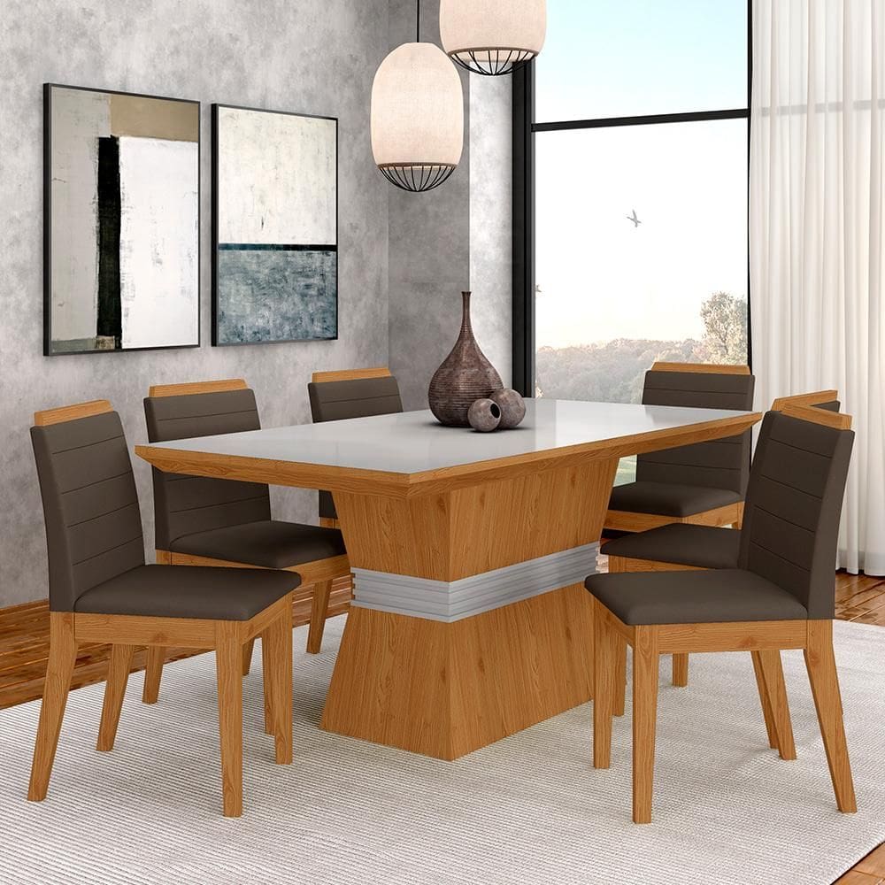 Conjunto Mesa De Jantar 6 Cadeiras Nairóbi Cinam/off Whi/marrom - Ma