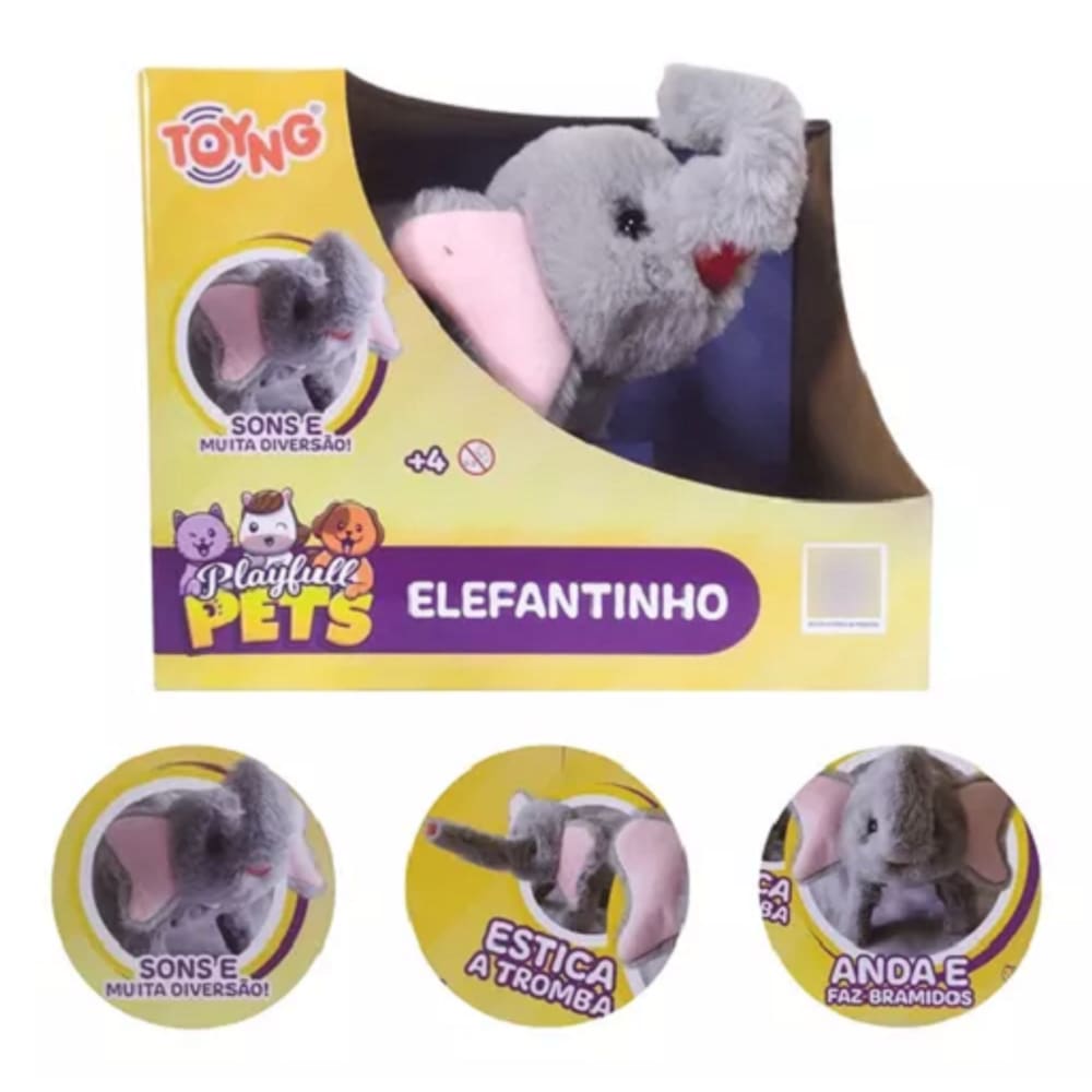 Elefantinho Pelucia PlayFull Pets - Com Sons, Anda e Estica a tromba - Toyng