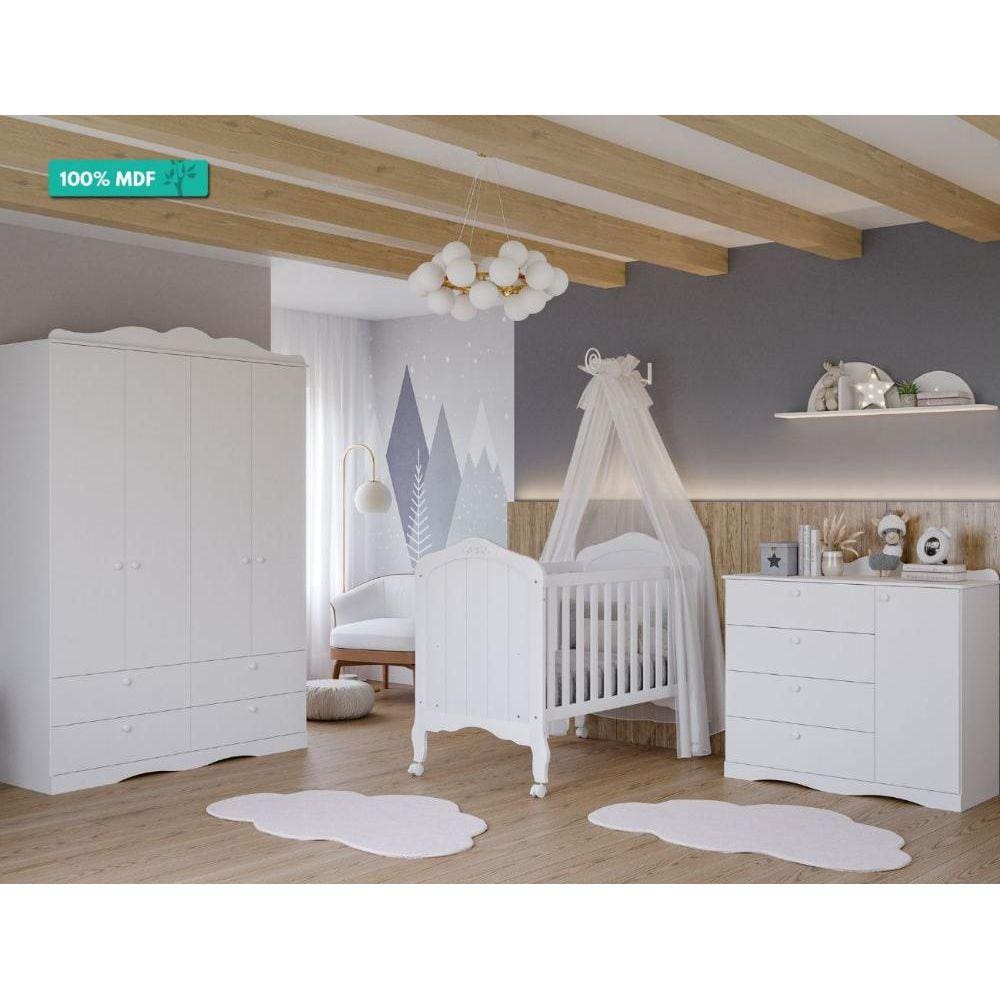 Quarto de Bebê Completo com Berço Mini Cama Harmonia, Cômoda 1 porta e Guarda roupa 4 Portas Encanto Permobili Branco