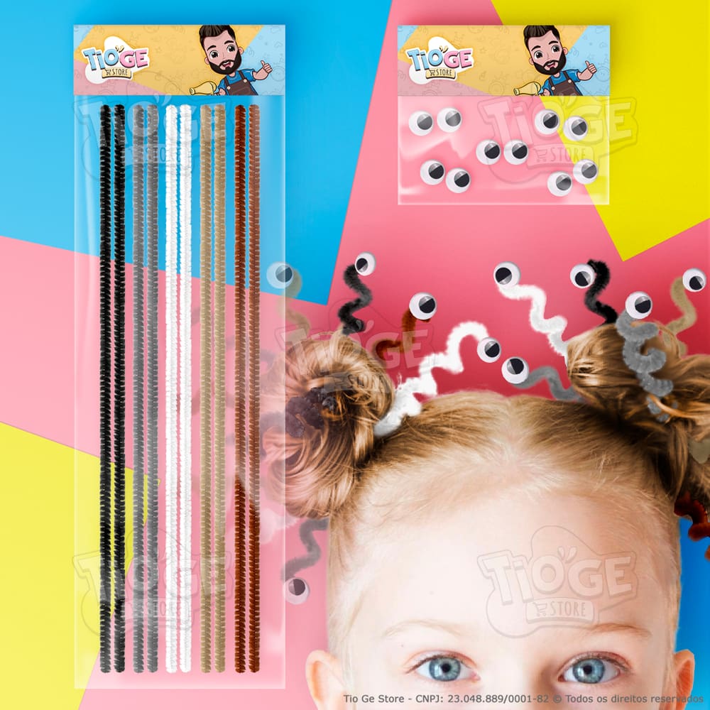 Kit Penteado Cabelo Maluco Infantil 10 Hastes Flexíveis de Pelúcia Cores Neutras + 10 Olhos Móveis Autoadesivo