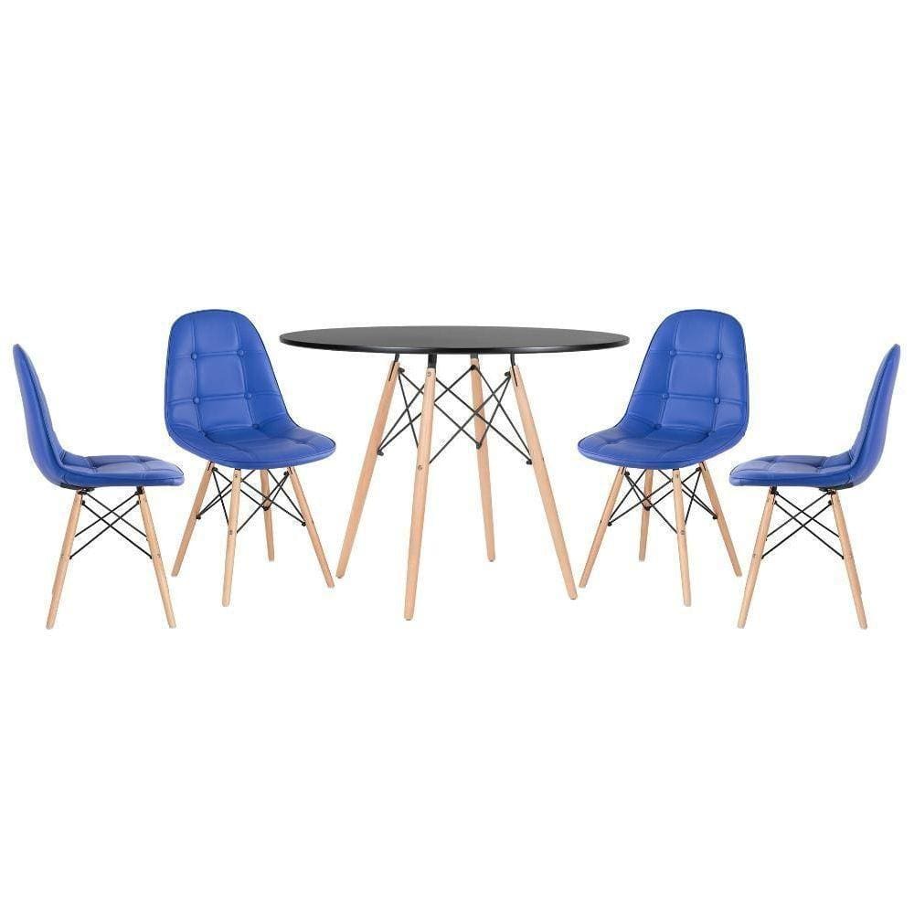 Mesa Redonda Eames 100 Cm Preto + 4 Cadeiras Estofadas Eiffel Botonê Azul Azul