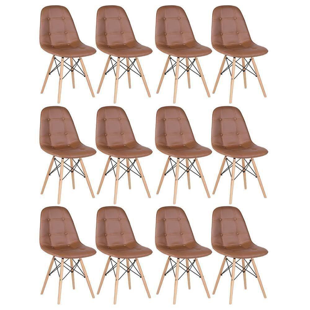 Kit - 12 X Cadeiras Estofadas Eames Eiffel Botonê - Base De Madeira Clara - Marrom