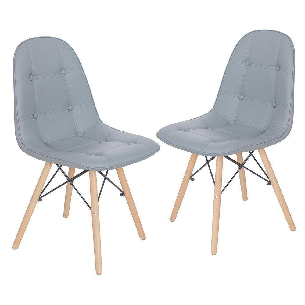 Kit 2 Cadeiras Estofadas Charles Eames Eiffel Botonê Com Pés De Madeira Clara Cinza Médio