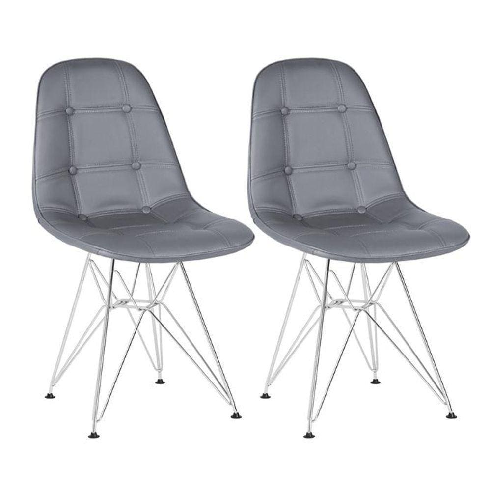 Kit 2 Cadeiras Estofadas Charles Eames Eiffel Botonê Com Pés De Metal Cromado Cinza Escuro