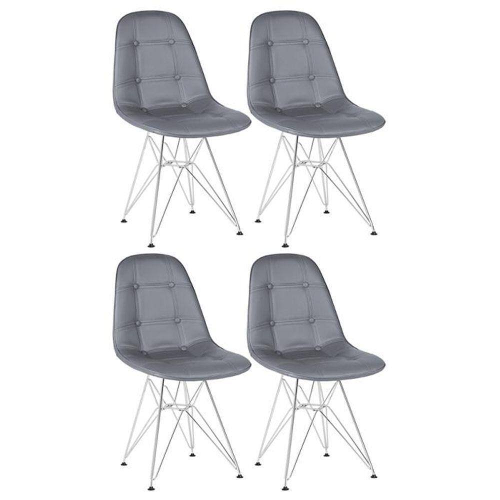 Kit 4 Cadeiras Estofadas Charles Eames Eiffel Botonê Com Pés De Metal Cromado Cinza Escuro