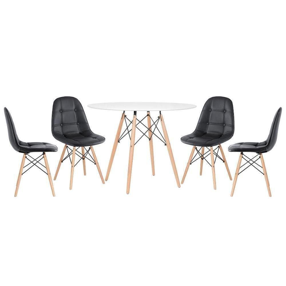 Mesa Redonda Eames 100 Cm Branco + 4 Cadeiras Estofadas Eiffel Botonê Preto Preto