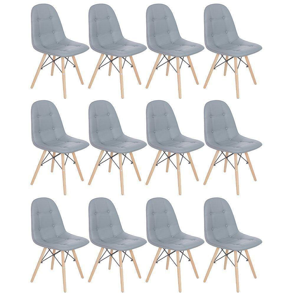 Kit 12 Cadeiras Estofadas Charles Eames Eiffel Botonê Com Pés De Madeira Clara Cinza Médio