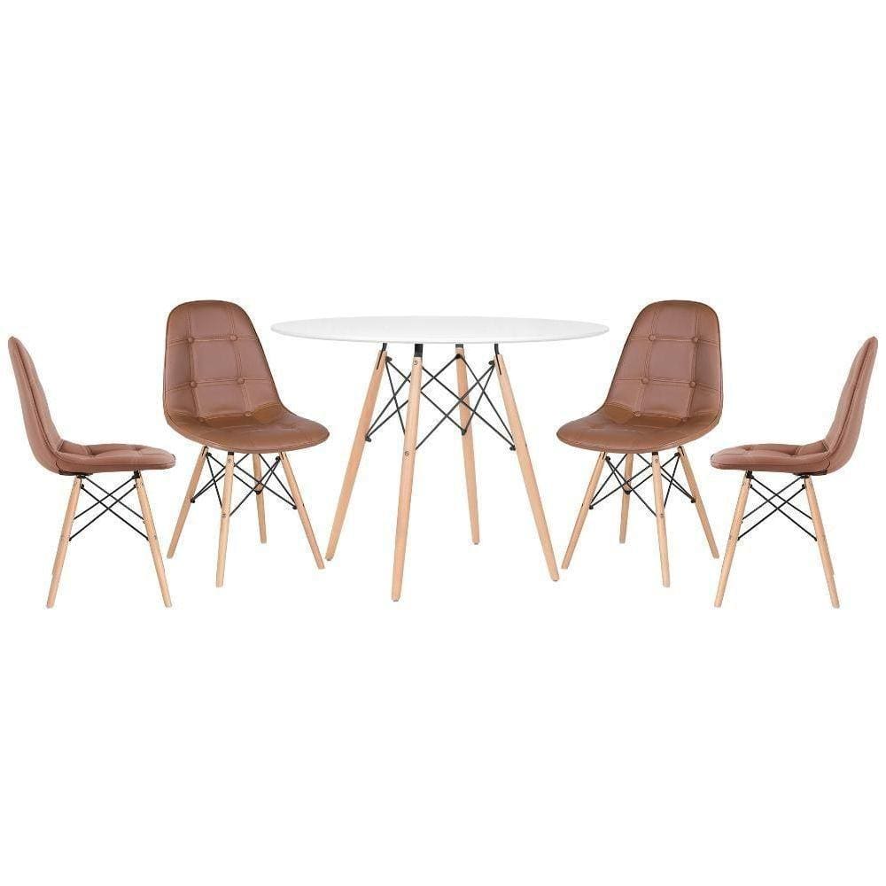 Mesa Redonda Eames 100 Cm Branco + 4 Cadeiras Estofadas Eiffel Botonê Marrom Marrom