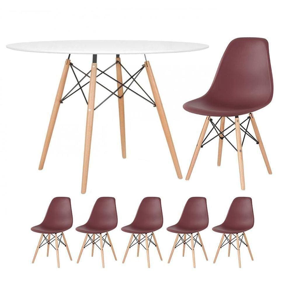 Mesa Redonda Eames 120cm Branco + 5 Cadeiras Marrom