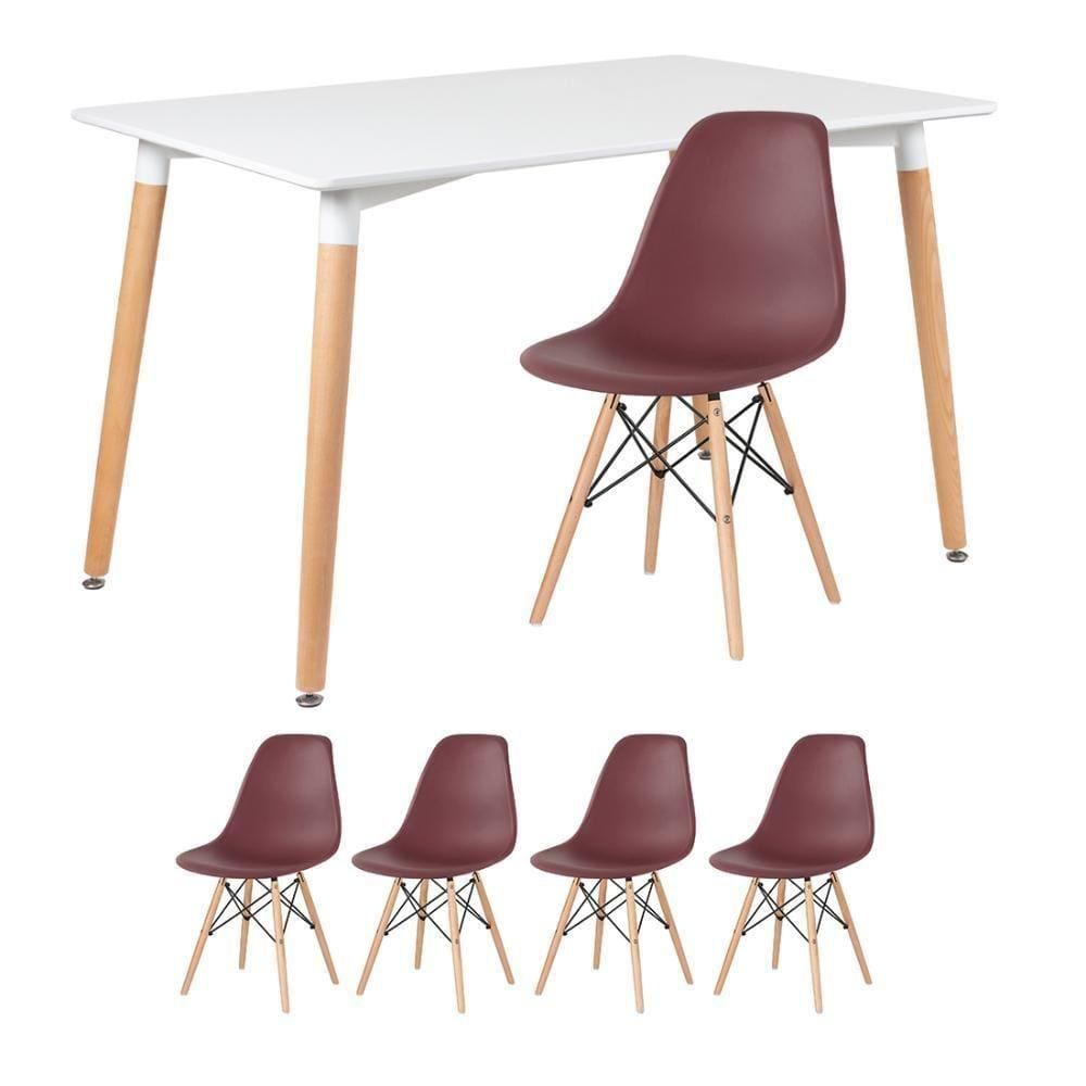 Mesa Retangular 80 X 120 Cm Branco + 4 Cadeiras Marrom