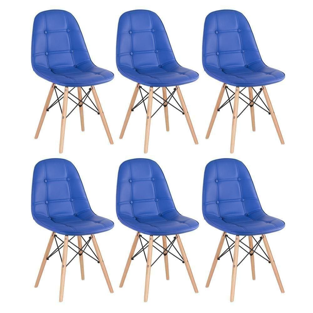 Kit - 6 X Cadeiras Estofadas Eames Eiffel Botonê - Base De Madeira Clara - Azul