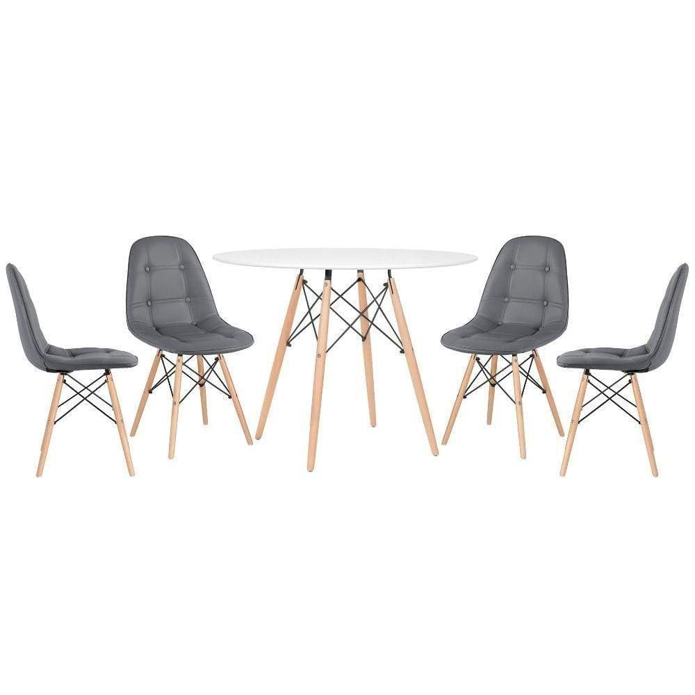 Mesa Redonda Eames 100 Cm Branco + 4 Cadeiras Estofadas Eiffel Botonê Cinza Escuro Cinza Escuro