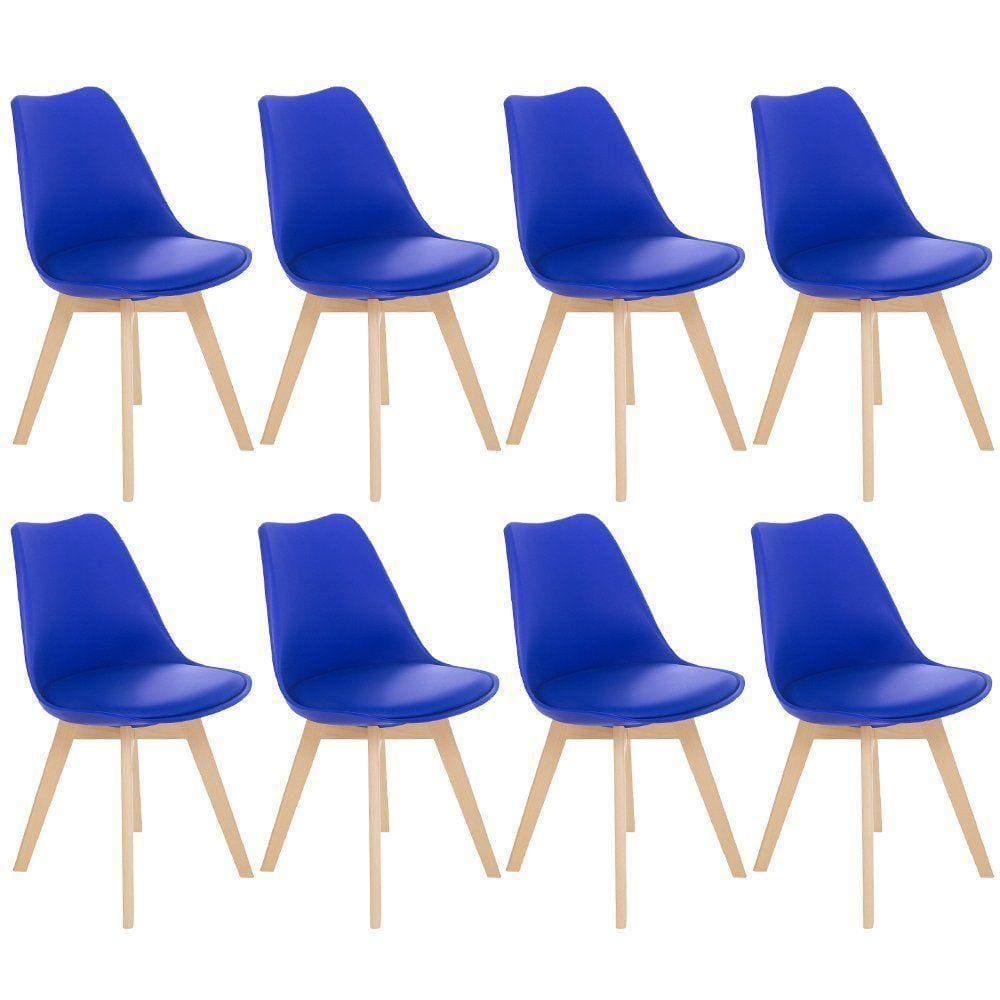 Kit 8 Cadeiras Jantar Cozinha Leda Eames Com Assento Estofado Azul Bic