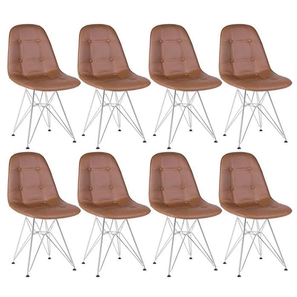 Kit 8 Cadeiras Estofadas Charles Eames Eiffel Botonê Com Pés De Metal Cromado Marrom Marrom