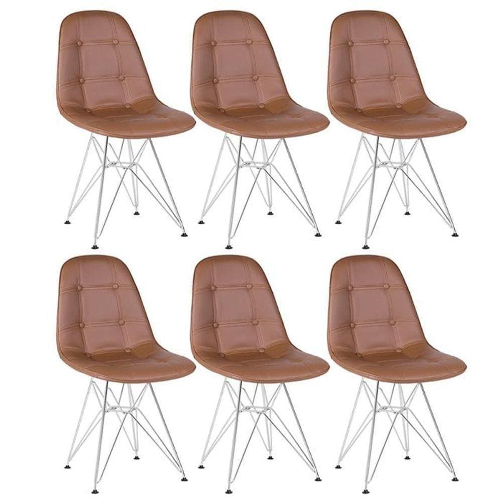 Kit 6 Cadeiras Estofadas Charles Eames Eiffel Botonê Com Pés De Metal Cromado Marrom Marrom