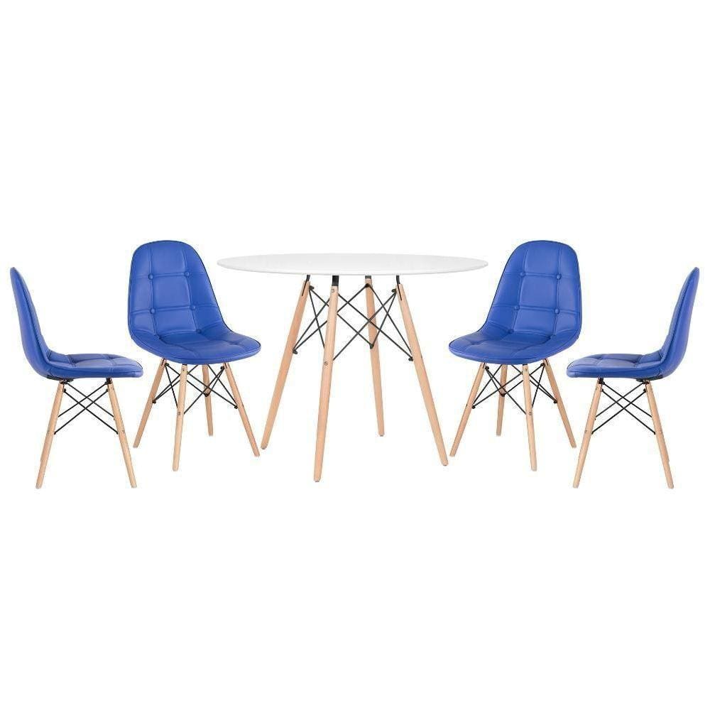 Mesa Redonda Eames 100 Cm Branco + 4 Cadeiras Estofadas Eiffel Botonê Azul Azul