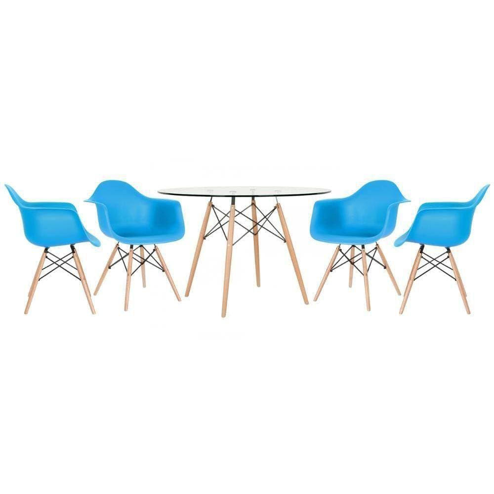 Mesa Redonda Eames Com Tampo De Vidro 120 Cm + 4 Cadeiras Eiffel Daw Azul Céu Azul Céu