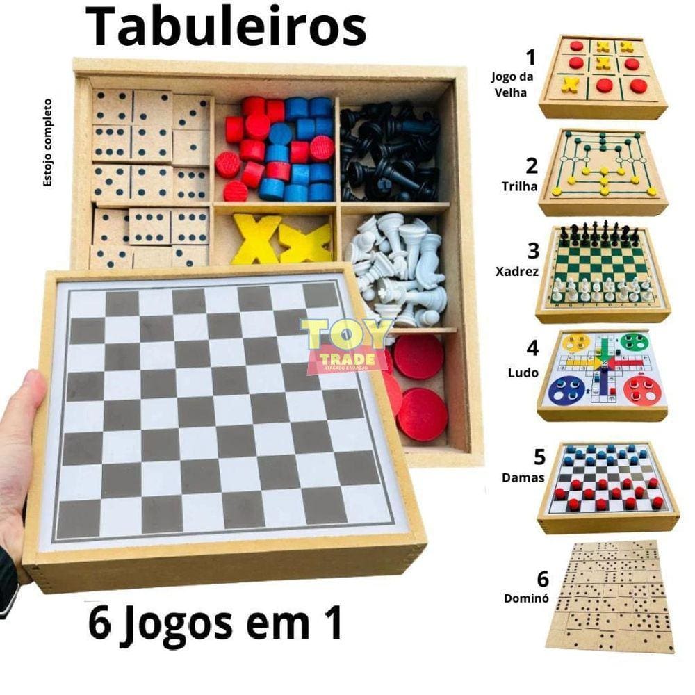 Jogo 3 em 1 Xadrez Damas Trilha com Estojo Junges