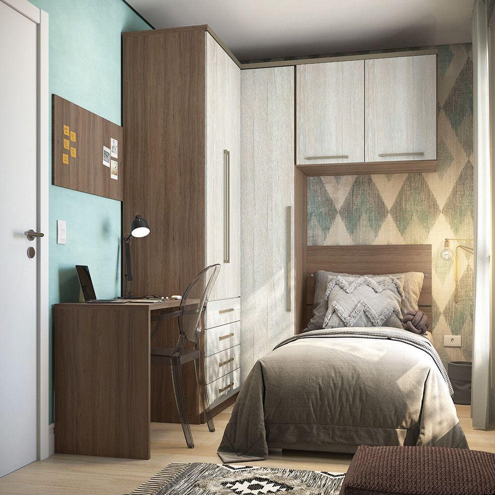 Guarda Roupa de Canto Solteiro 5 Portas e 4 Gavetas Vanilla com Legno Crema Connect Luciane Móveis