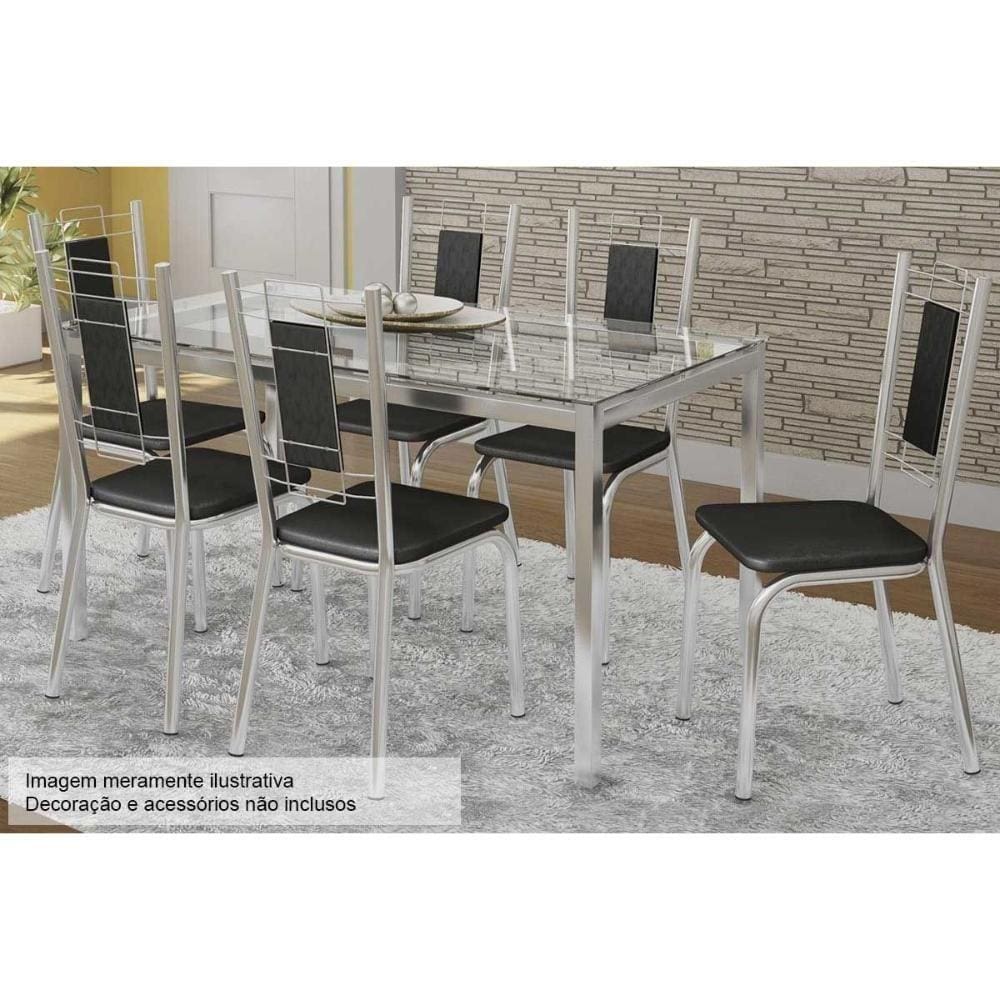 Kit Mesa Reno C- Tampo Vidro 150cm + 6 Cadeiras Florença Cromada Assento Preto